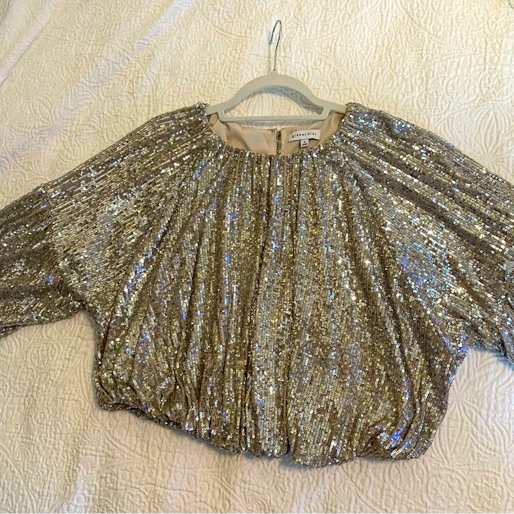 🔥Gianni bini Maurissa Sequin Long Sleeve. Silver. Amazing top! Worn one time! - Picture 5 of 8